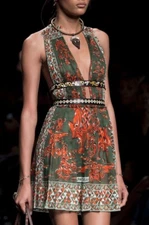 $6400 Valentino Runway Printed Cotton Leather Trim Halter Neck Dress Size 6