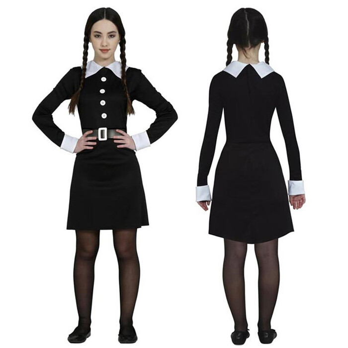 Xiujuers 5 Pezzi Vestito Mercoledì A-ddams, Vestito Mercoledi Bambina con Parrucca, Costume Mercoledi A-ddams Bambina, Famiglia A-ddams Vestiti, Adatto Carnevale, Halloween, Cosplay Party