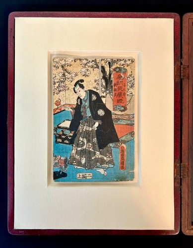 Pair Antique 19th cty Japanese Wood Block Print Books Manga in Cased Wood Frames - Picture 10 of 19