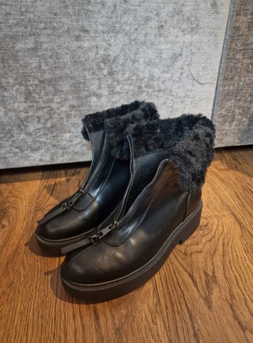 Next Forever Comfort black faux fur leather zip chunky biker ankle boots shoes 4 - Picture 7 of 14