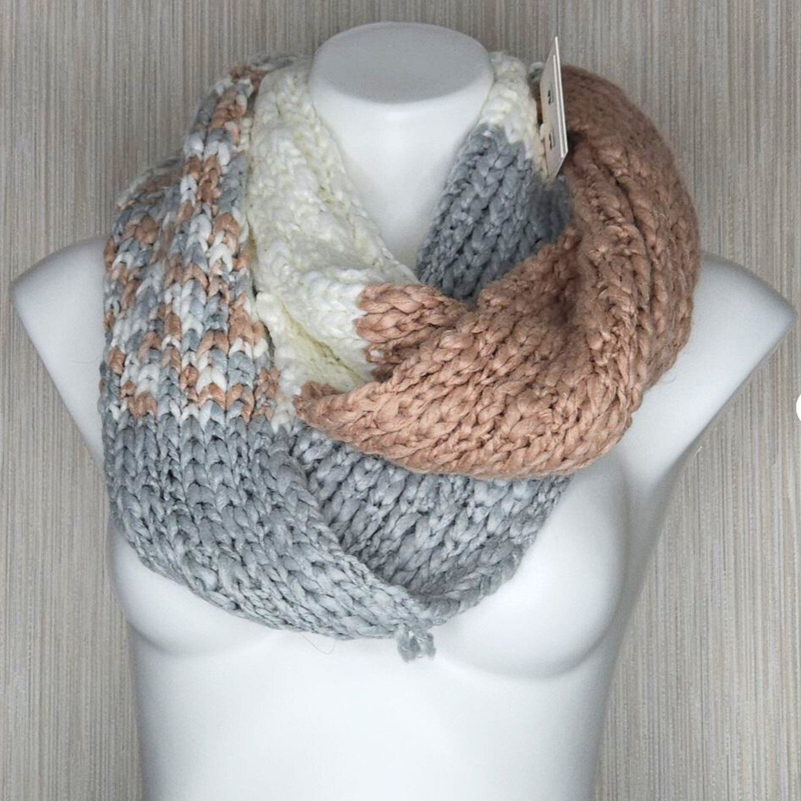 Knit Crocheted Infinity Scarf Blush Ivory Gray Boho Crochet Style Lauren Conrad