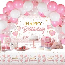 64 PCS Pink Rose Gold Birthday Party Supplies Pink Birthday Backdrop Balloons