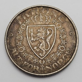 1916 Norway 1 Krone .800 Silver Coin King Haakon VII (Kongsberg Mint)