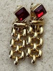 Vintage Swarovski Gold Tone Garnet Earrings Dangle Watch Chain Link Clip-on — photo 1