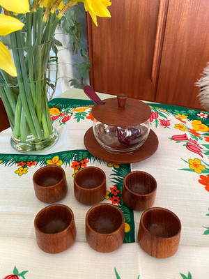 6 Mid Century Teak Holz Eierbecher + passendes Konfitüre-Gefäß m. Löffel vintage