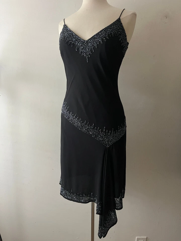 Jakara New York Black Beaded Fringe Fairy Dress Bias Cut Cocktail Sz 8P Vintage - Image 1 of 4