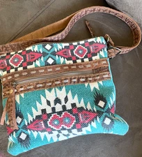 Myra Bag Crossbody Purse Aztec Canvas Leather Accent Turquoise RFID