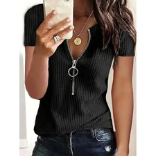 2 Pack Women's Zipper V Neck Short Sleeve Tunic Tops Loose Fit Summer T Shirts B