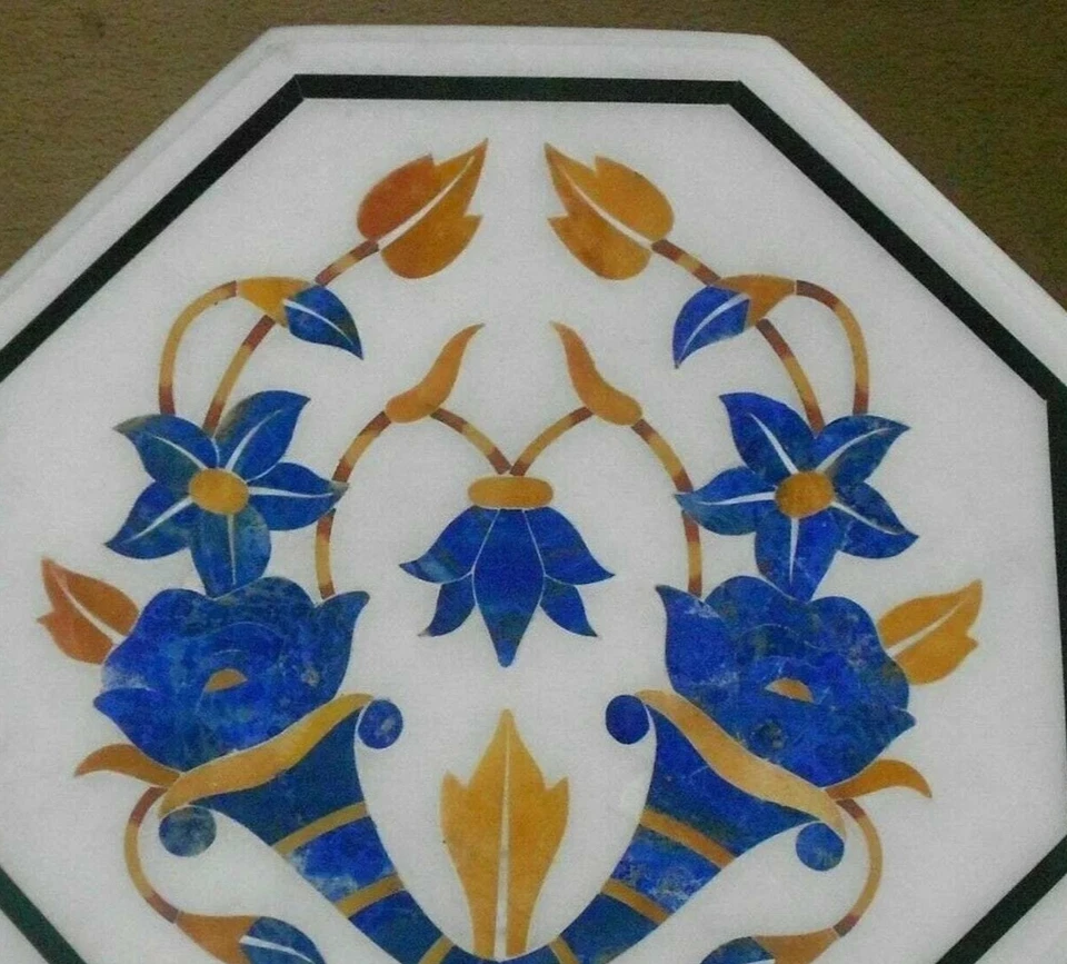 12" White Marble Center Corner Table Top Multi Stone Inlay lapis Work Hotel Deco - Image 3 of 4