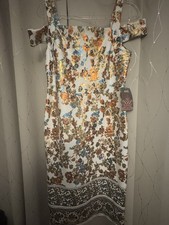 eci Floral Sheath Dress Ruffle Cold Shoulder Square Neck Knee Length Size 10