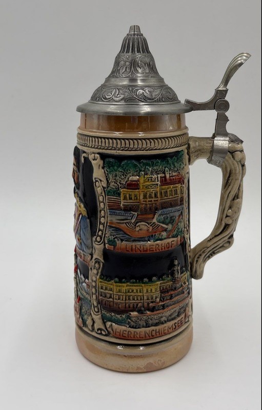 Multicolor Germany King Ludwig II Barware Engraved Handle Lidded Beer Stein