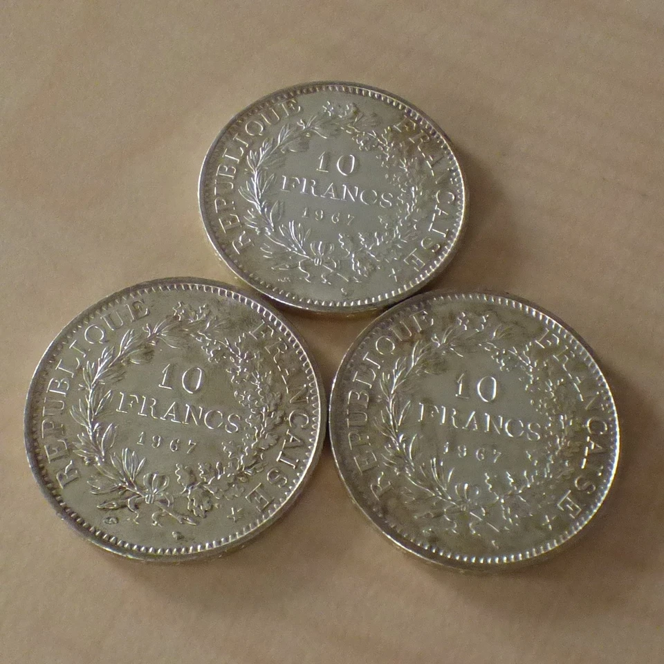 Lot de 3 pièces FRANCE 10 Francs Hercule 1967 argent 90% (3 * 25 g) dans des zip - Photo 1/4