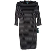 LAUREN RALPH LAUREN Boatneck Long Sleeve Brown Cream Stripe Dress Sz 6 NWT $189