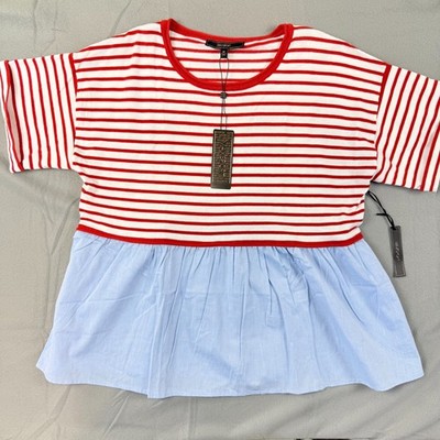 MaxSport Peplum Striped Mixed Media Babydoll Top Blouse Red Ivory Blue Women M