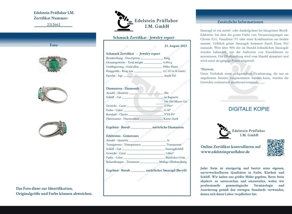 Ring 1.46ct Smaragd & Diamant Platin mit Deutschem Gutachten Cocktailring - Bild 3 von 4