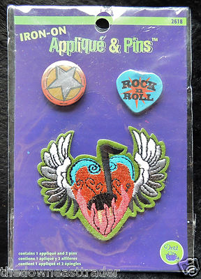 Winged Flaming Heart & Musical Note Prym Dritz Iron-On Patch Applique & 2 Pins