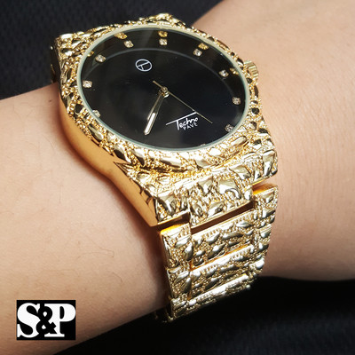 New Mens Luxury Urban Hip Hop Golden Nugget Bling Black Dial Wrist Dress Watch