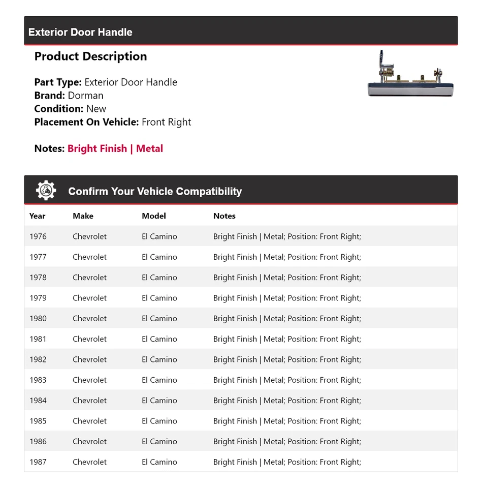 Manija de puerta exterior delantera derecha 1977 para Chevrolet El Camino Dorman 1976-1987 Foto 2 de 4