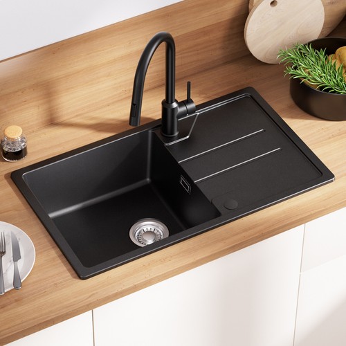 Granitspüle Schwarz Küchenspüle Spülbecken Einbauspüle mit Abtropffläche 78x45cm - Bild 9 von 13