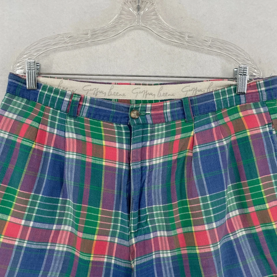 GEOFFREY BEENE Shorts Mens 36 Chino 6" Madras Plaid Pleated Cotton Blue Green - Image 4 of 4