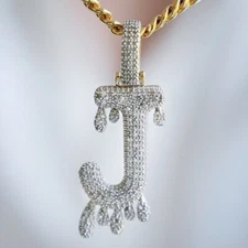 0.65CTW Natural Diamond 10K Gold Dripping Initial Letter Pendant 1.6"