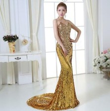 Rhinestone Women SEQUIN Mermaid Evening Dresses Backless Pageant Prom Party