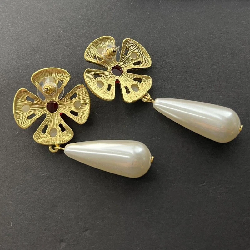 Cross Earrings Faux Pearl Dangle Drop Gold Red Mogul Pierced - Image 4 of 4