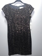 Eliza J Women's Cocktail Dress Blue Sequined Sleeveless Midi Sheath Size 4 J135