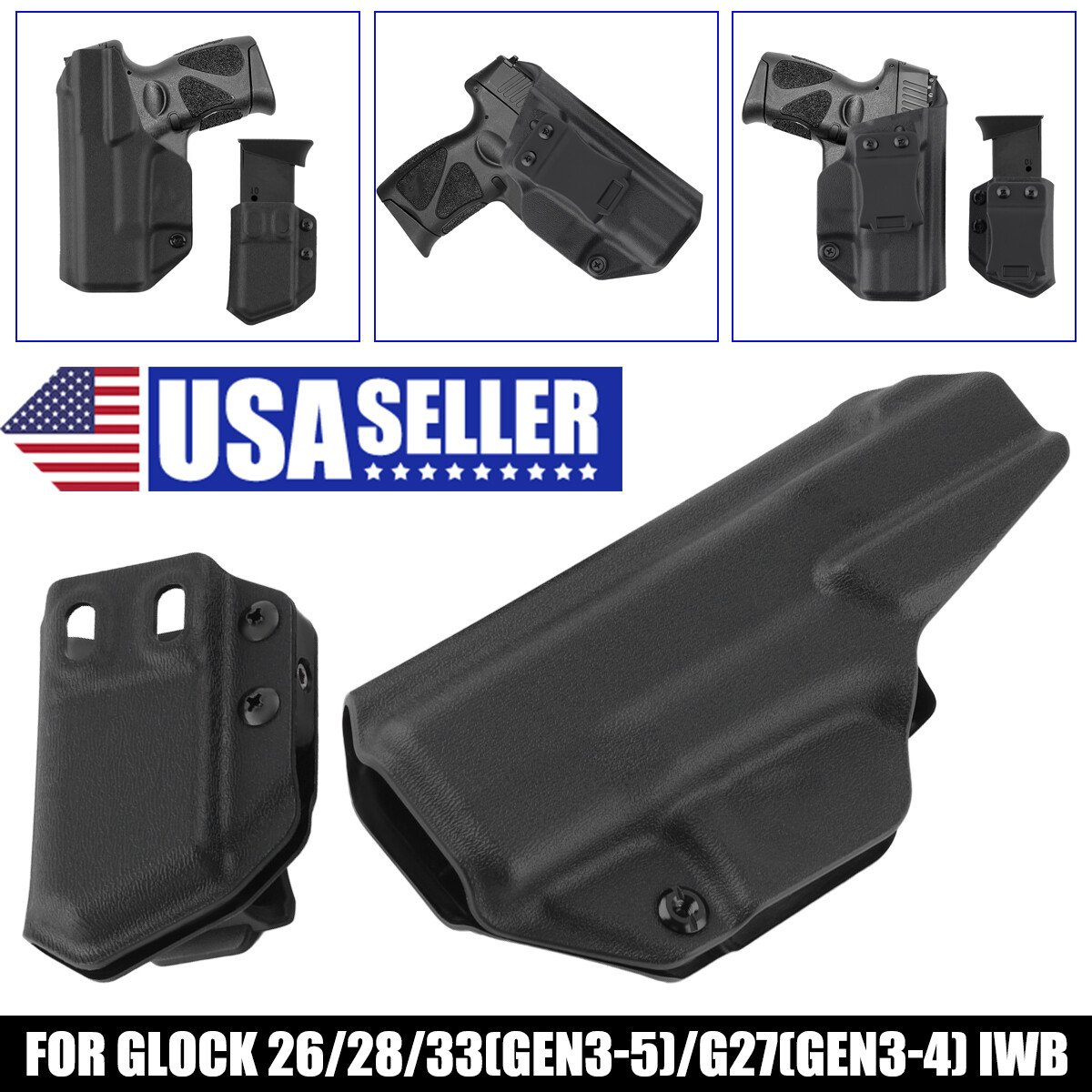 TOP!For Glock 26/28/33(GEN3-5)/G27(GEN3-4) IWB Holster + Magazine Holder Set US.