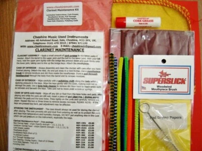 CHESHIRE MUSIC Budget Clarinet Maintenance Cleaning care Pack kit pull through cloth pad saver
