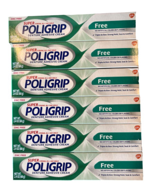 Super POLIGRIP Denture CREAM Zinc, Flavor & Color FREE 2.4oz ( 6 pack ) green /