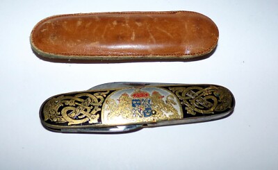 EKA Sweden Klapp Messer Nr. 126 Wappen 3 Funktionen Leder Tasche Vintage 19495
