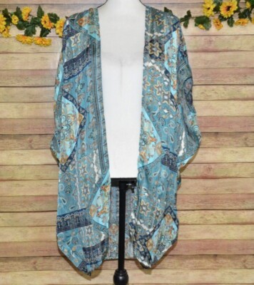 Umgee Ladies S/M Sheer Aqua Blue & Gold Pretty Print Open Front Kimono Cardigan