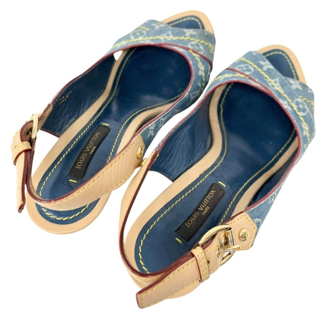 LOUIS VUITTON Vintage LV Logo Monogram Sandals #36.5-37 Blue