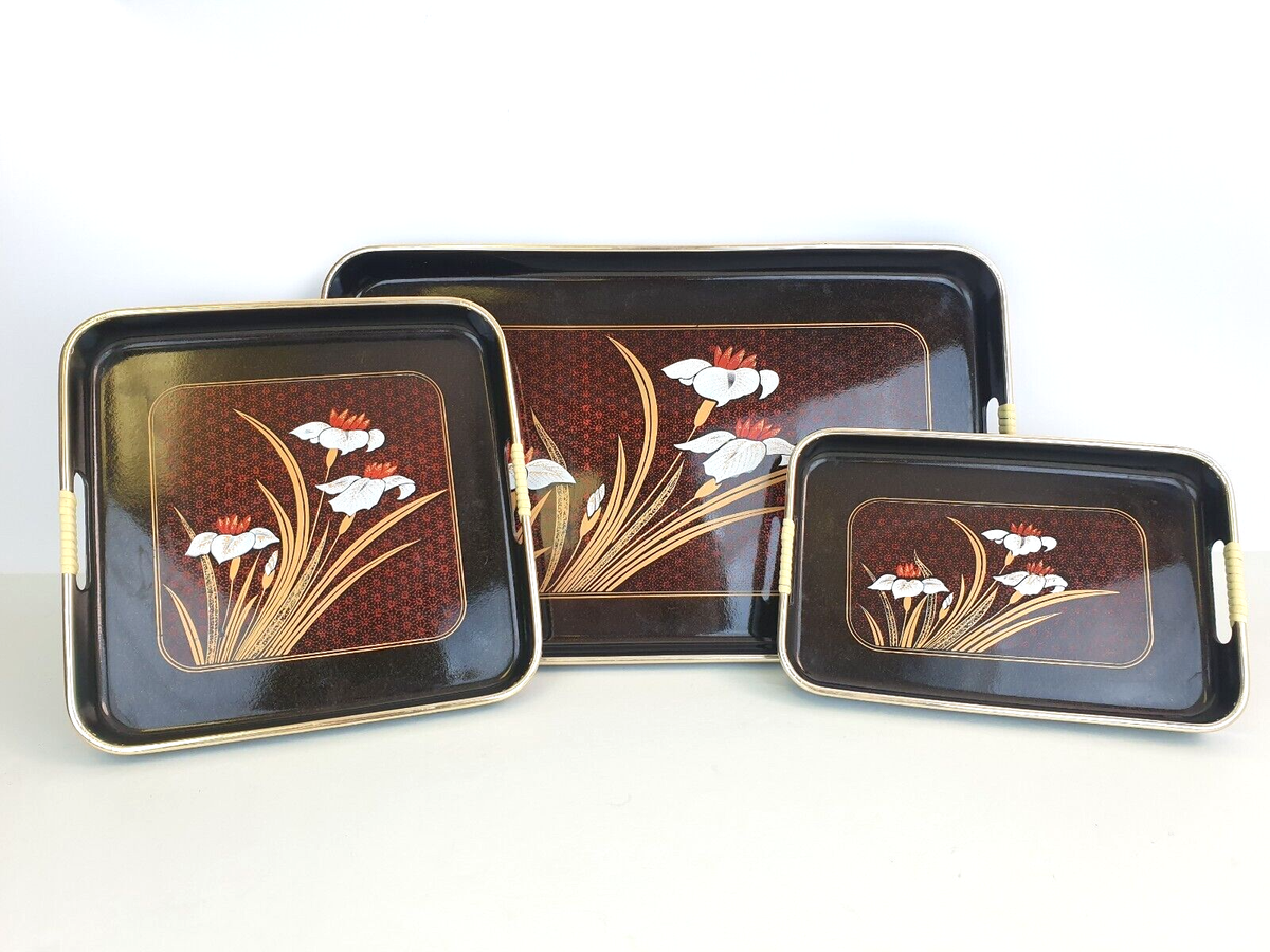 Vintage Japanese Lacquer 3 Piece Nesting Serving Tray Set Flowers