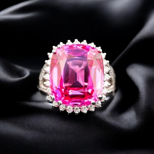 Alianza de oro de 18 quilates con diamantes reales de 13,80 quilates corte cojín zafiro rosa cultivado en laboratorio - Imagen 2 de 14