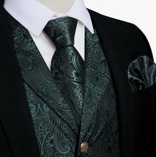 DiBanGu 100 Silk Suit Vest L Set 4 Pieces Neck Tie 3" x 58" Green Paisley NEW