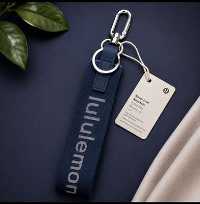 Lululemon Never Lost lanyard Key Chain Dark Blue Gray Letters Silver Hardware