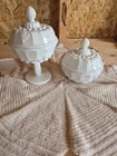 2 Vintage Milk Glass Westmoreland Paneled Grape Compote Candy Dishs with Lid.