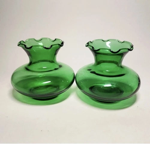 Vintage Pair Anchor Hocking Emerald Green Ruffled Edge Vases 3.25" Tall