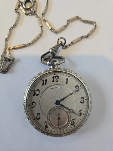 Antique 1926 Illinois Grade 406 Pocket Watch - 17J Art Deco - Wadsworth RGP Case
