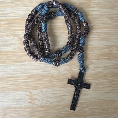NEW BEAD TURQUOISE BLUE ROSARY HEAVY PARACORD METAL CROSS CRUCIFIX CATHOLIC PRAY