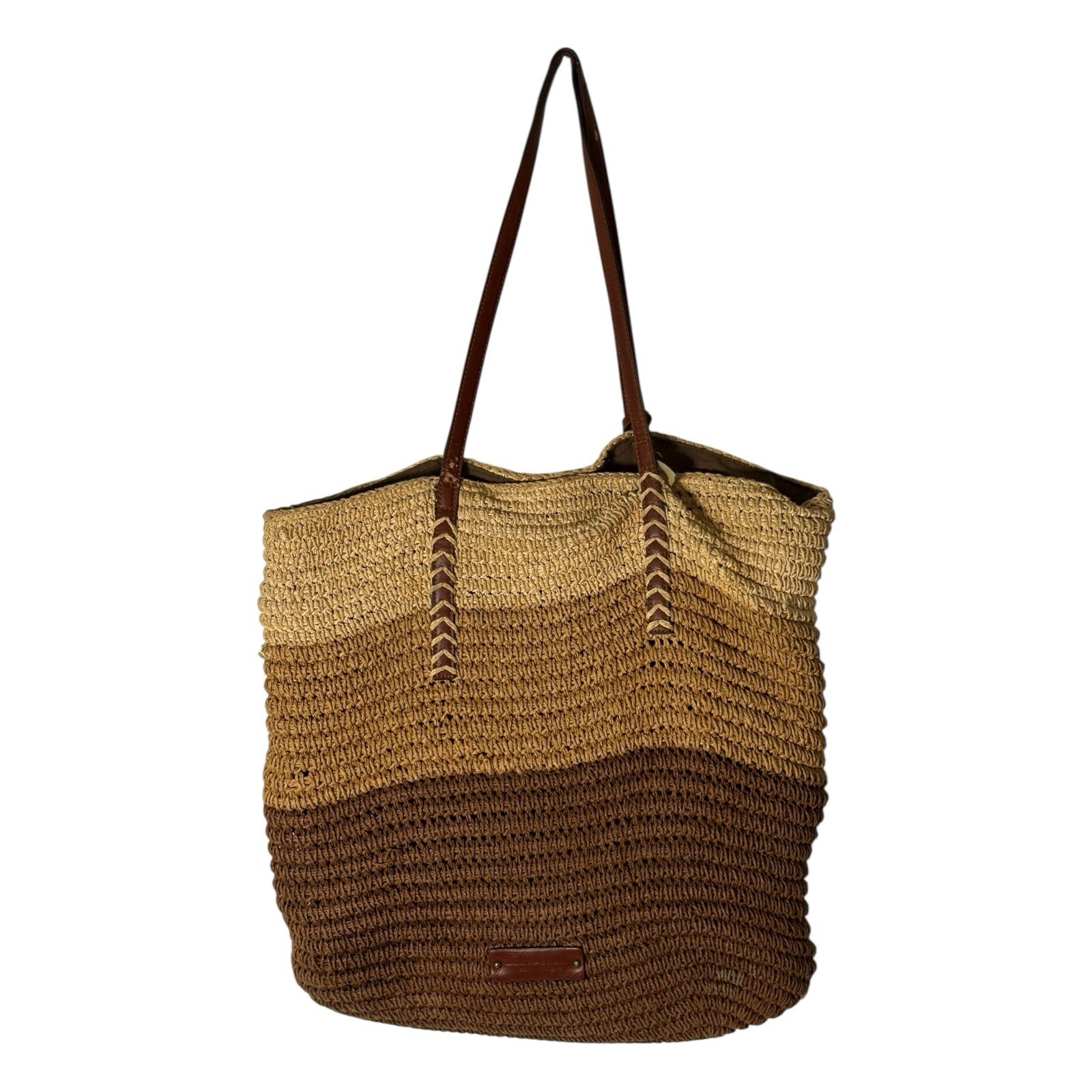 Lucky Brand 2014 Tan Brown Straw Tote with Leather Handles Boho Beach Bag