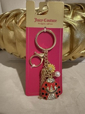 Juicy Couture Gold Tone & Red Ladybug & Daisy Key Chain Bag Charm Crystal NEW