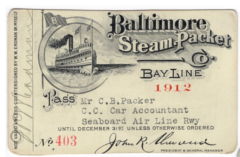 1912 Baltimore Steam Packet Co. Bay Line Annual Pass Steamboat Maryland Fab Cond
