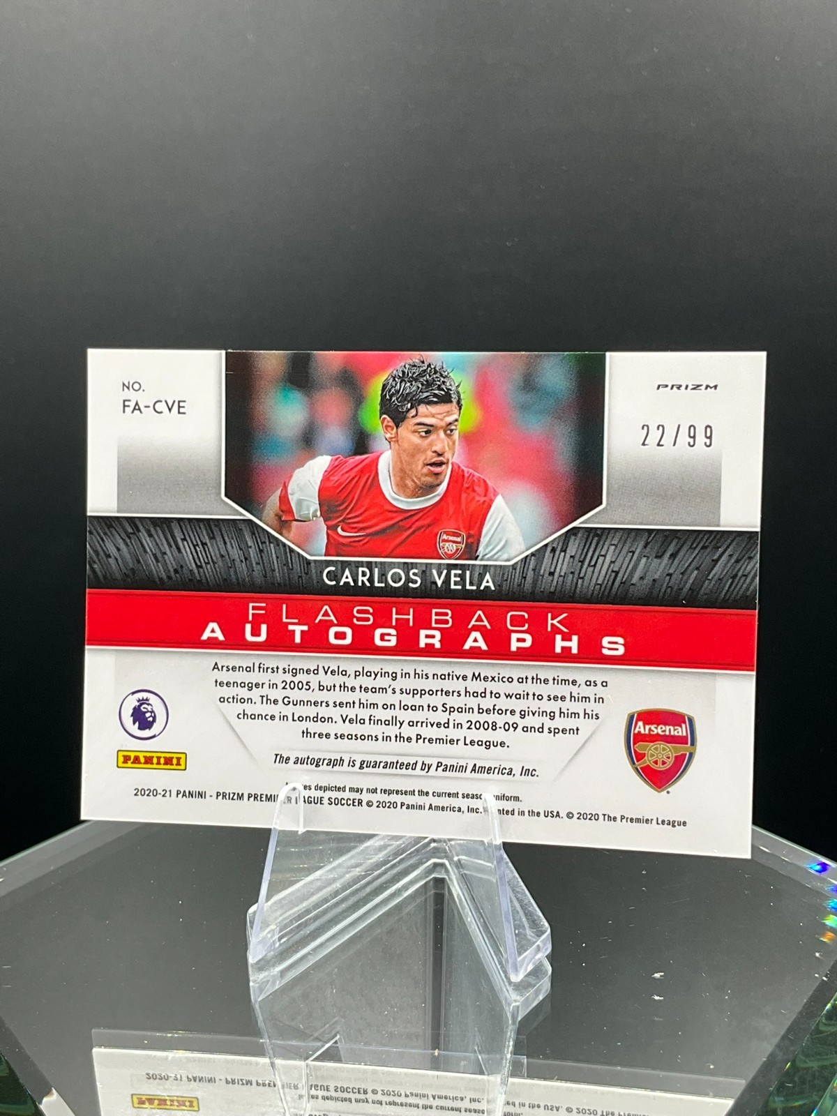 2020-21 Panini Prizm Premier League Carlos Vela Flashback Auto Purple 22/99 view 2