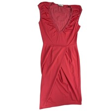 PRADA Dress Womens L Red V-Neck Sheath Pencil Cap Sleeve Pleated Knee Stretch