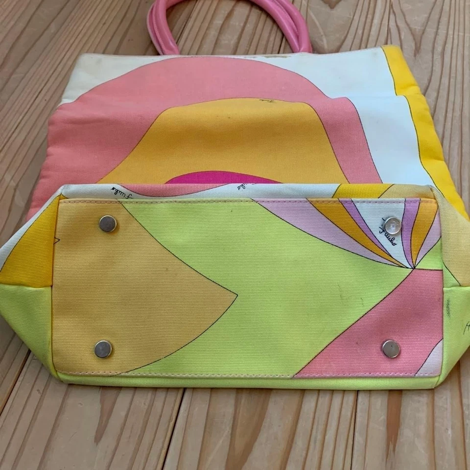 Bolso de Mano Vintage Emilio Pucci Colorido Patrón Onda, Lona Rosa y Amarilla #0802 Foto 4 de 4
