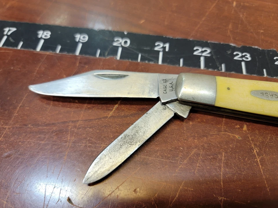 Cuchillo sintetizador amarillo Case XX EE. UU. 5 puntos 1975 extremo hinchable torpedo gato pesado 3299 1/2 Foto 2 de 4