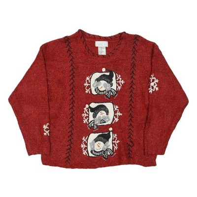 MANDAL BAY Damen Roter Snowman Muster Wool Blend Pullover Rundhals Strickjacke L